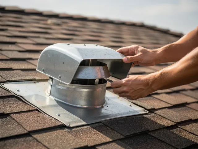 Raynham Dryer Vent Cleaning certified technician safely cleaning a roof-mounted dryer vent in Raynham