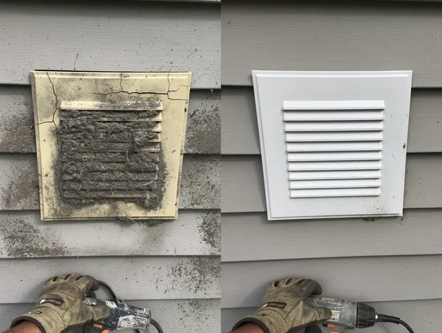 Raynham Dryer Vent Cleaning technician installing high-quality dryer vent cover at a residential property in Raynham