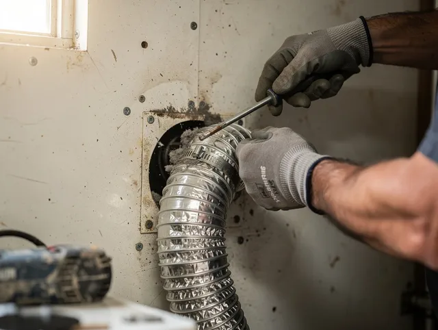 Raynham Dryer Vent Cleaning technician performing precise dryer vent hose installation in Raynham